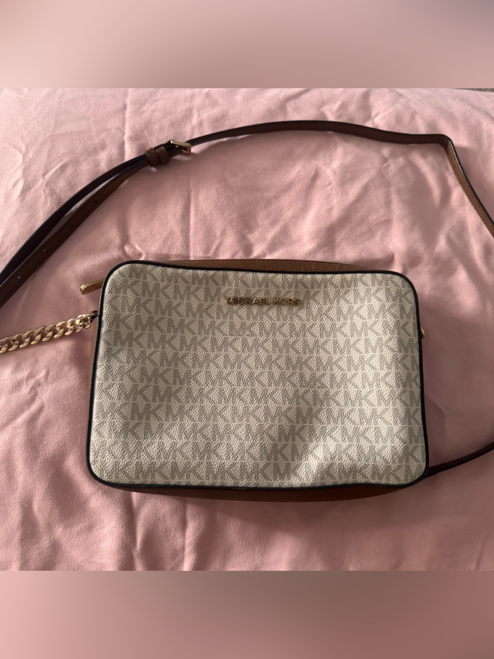 Michael Kors Crossbody with Vanilla Logo Canvas and Brown Leather Trim